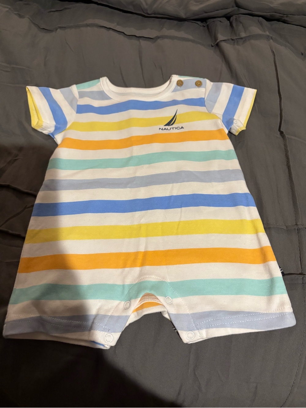 Nautica Pastel Stripe Short-Sleeve Footie in Blue, Yellow, Mint & Orange